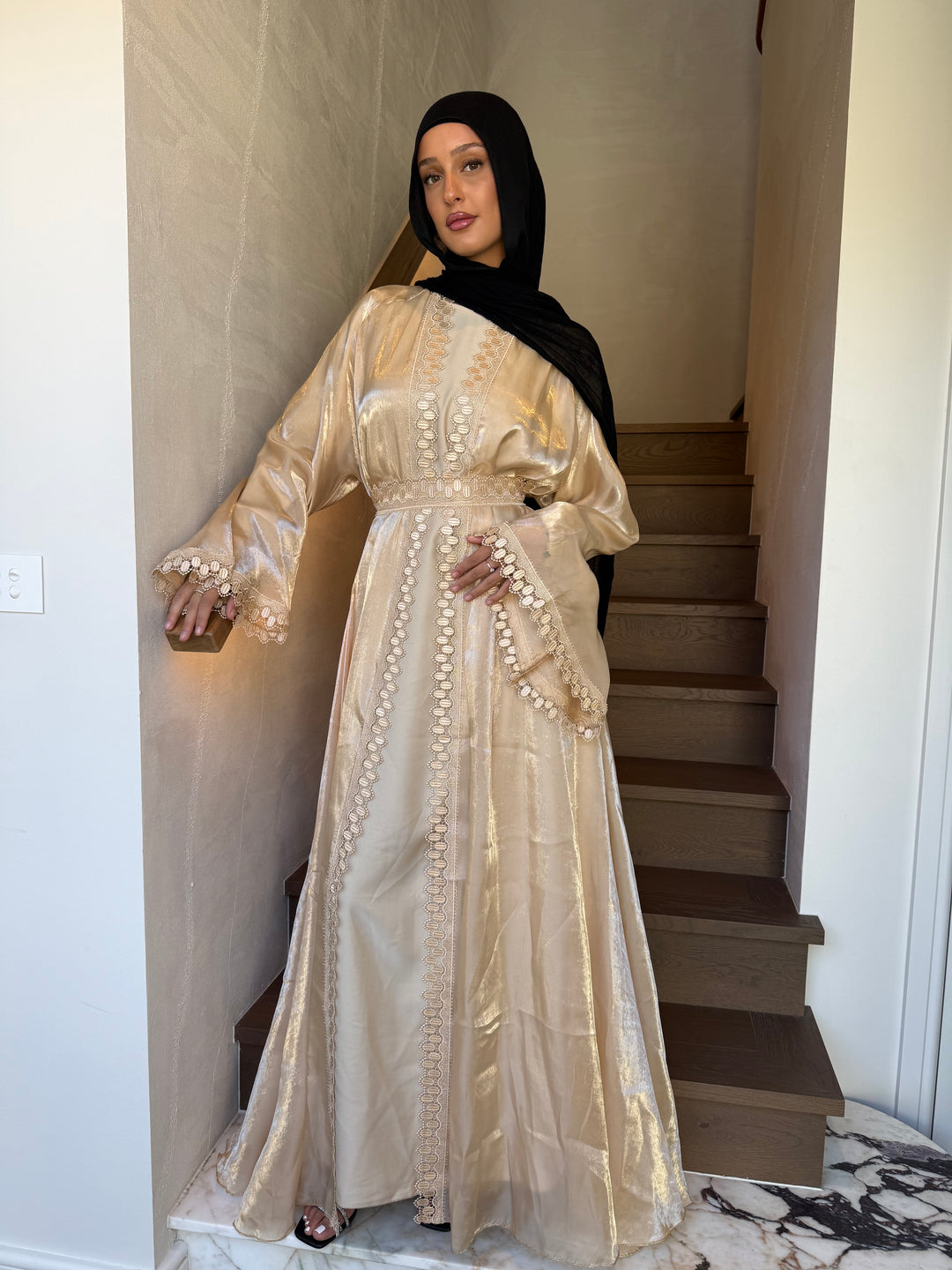 gold abaya dress Oriental Middle Eastern Muslim Eid New Style Dress Women's Abaya V-Neck Regular Fashion Slit Sleeve Mesh Embroidery Beaded Craft Evening Gown Jalabiya